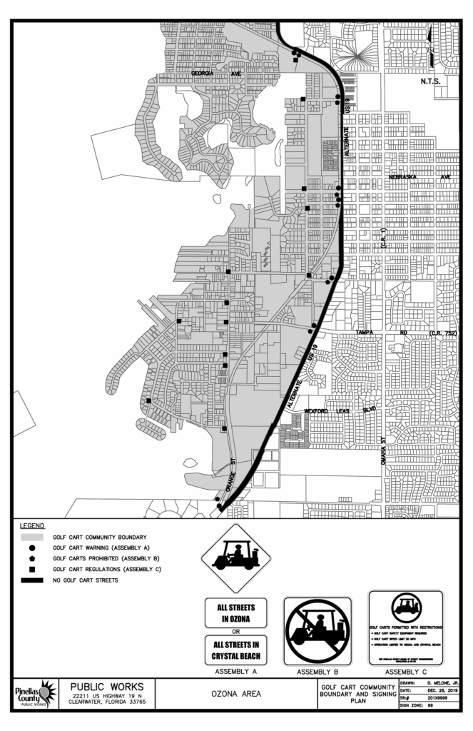 The Ozona Golf Cart Zone is bordered on the east by Alternate U.S. 19, the west by St. Joseph Sound, and on the north and south by neighborhood boundaries. Signs indicating that golf carts are allowed on all roads in Ozona as well as signs indicating that golf carts are not allowed outside of the area are located at the intersections of Alt US 19 and Orange Street, Tampa Road, Virginia Avenue, Georgia Avenue, Florida Avenue, Missouri Avenue, and Ketch Circle. Signs with golf cart regulations are located at 13 locations throughout the golf cart zone.