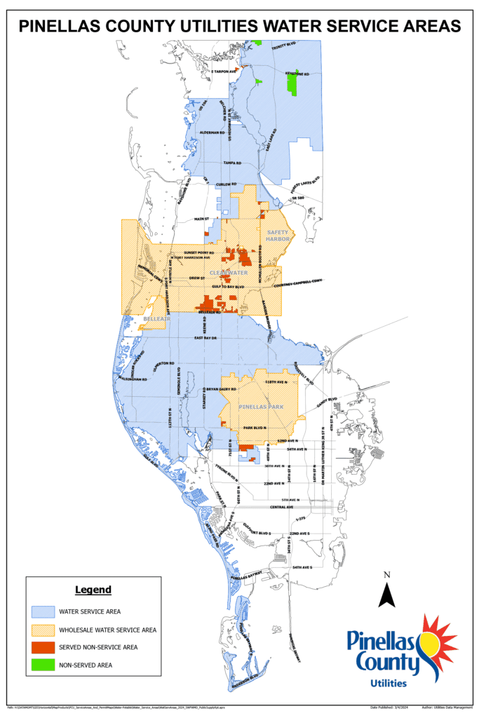 Pinellas County Utilities water service areas from the county line in the north to city limits of Safety Harbor and Clearwater, then from Bellaire Road to the county line in the south. Wholesole Water Service Areas include parts of Clearwater, Dunedin, Safety Harbor, and Bellaire.  Served non-services areas exist in Dunedin, Clearwater, Safety Harbor, Pinellas Park, and Tarpon Springs. Non-served areas exist in the northeast part of the county in the Tarpon Springs area.