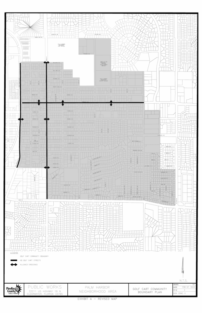 The Palm Harbor Golf Cart Zone is bordered on the west by Palm Harbor Boulevard and Omaha Street, on the east by Belcher Road and multiple community streets, on the north by Delaware Avenue and Palm Harbor University High School, and the south by Tampa Road. Golf carts are specifically prohibited on Palm Harbor Boulevard (also known as Alt US 19), Omaha Street (also known as County Road 1), and Nebraska Avenue.  Golf carts may cross Alt US 19 at Georgia Avenue. Golf carts may cross Omaha Street at Delaware Avenue, Georgia Avenue, and Virginia Avenue. Golf carts may cross Nebraska Avenue at 12th Street, 14th Street, and 17th Street.