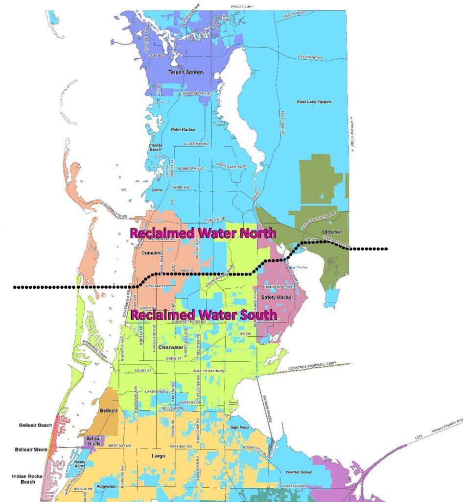 The boundary between the reclaimed water north and south facilities is State Road 580.