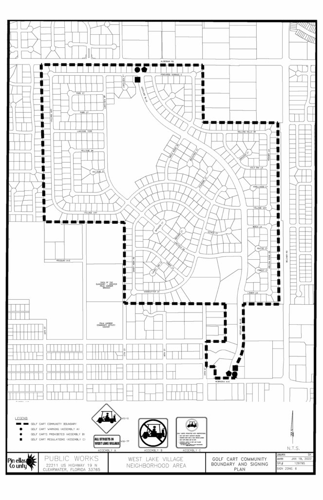 The West Lake Village Golf Cart Zone is bounded on the north by Alderman Road and Rolling Hills Drive, on the south by Linden Lane, Nebraska Avenue, Woodcutter Lane, and Village Way, on the east by Belcher Road and Vistalake Boulevard, and on the west by 19th Street, Vistalake Boulevard, the Palm Harbor Community Center and YMCA, and Village Way.  Signs indicating that golf carts are allowed on all roads in West Lake Village, as well as signs indicating that golf carts are not allowed outside of the area and signs with golf cart regulations are located at the intersections of Nebraska Avenue with Vistalake Boulevard and Alderman Road with Westlake Boulevard.