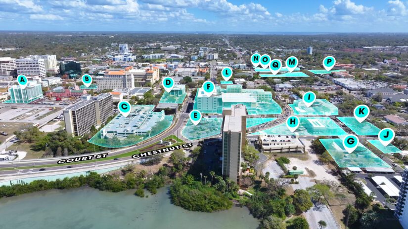 An aerial view of downtown Clearwater with 17 properties highlighted and labeled A through Q. Most are located in the core of downtown within blocks of the water.