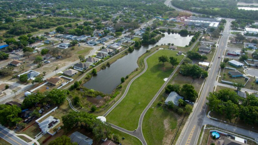 Aerial view of Dansville Park and surrounding neighborhood.