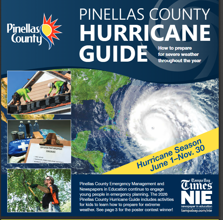 Cover of the Pinellas County Hurricane Guide, featuring the Pinellas County logo, a satellite image of a hurricane, small photos of storm prep activities, and a banner noting hurricane season runs June 1 to November 30.