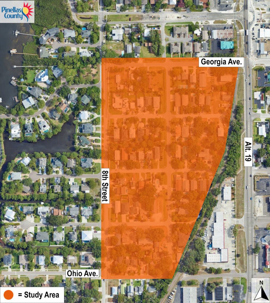 Map showing study area west of Alt. 19, between Georgia Ave. and Ohio Ave. in Palm Harbor