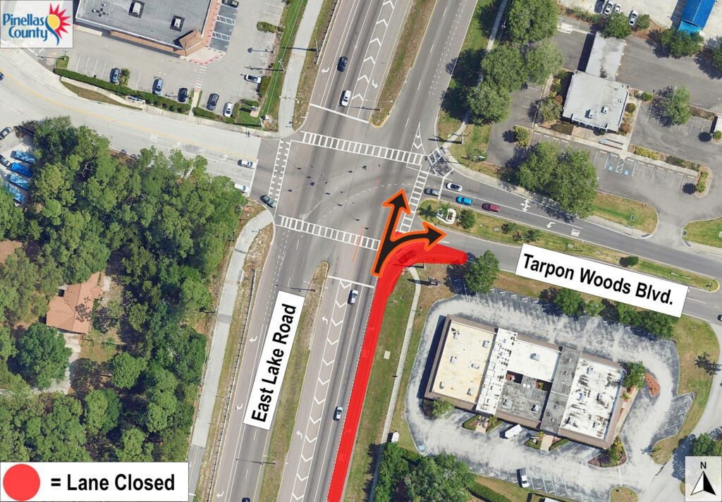 map showing temporary traffic changes on East Lake Road at Tarpon Woods Blvd