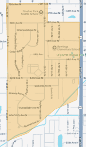 Map depicting reclaimed water outage from entral Pinellas Park between 71st Street N and 66th Street N, from around 70th Avenue N south to just north of 58th Avenue N.