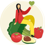 Woman sitting on oversized broccoli with large tomato, pepper and avocado