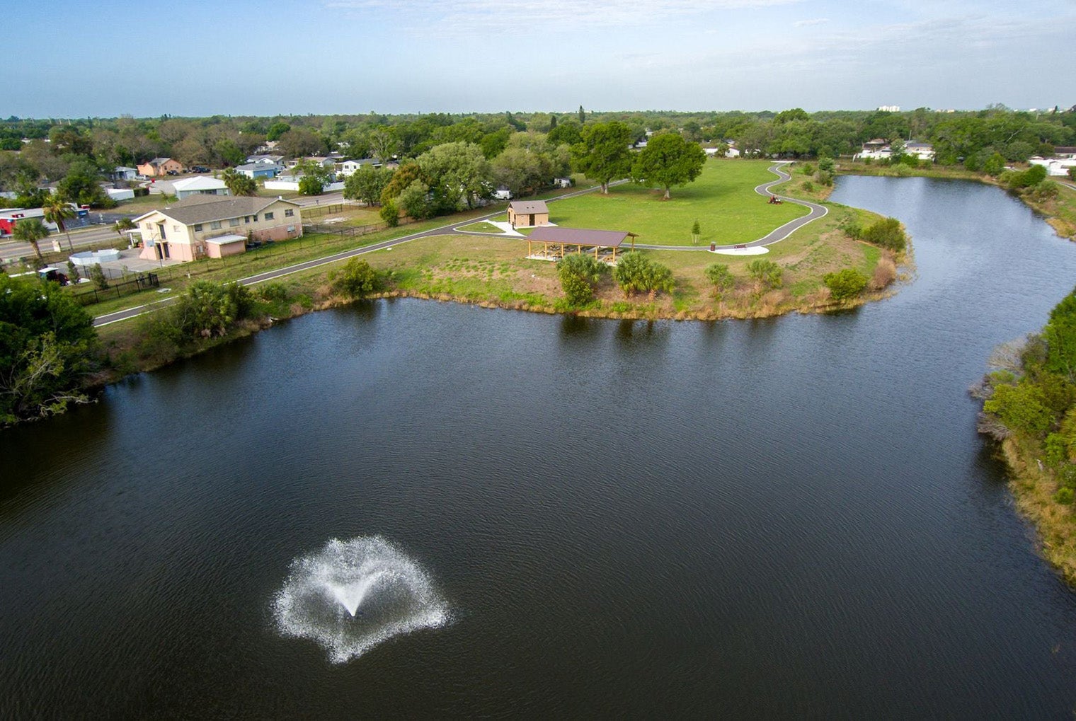 Aerial view of Dansville Park water feature, shelter, and walking trail.