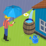Man with umbrella watching rainwater pour off the roof into a rain barrel