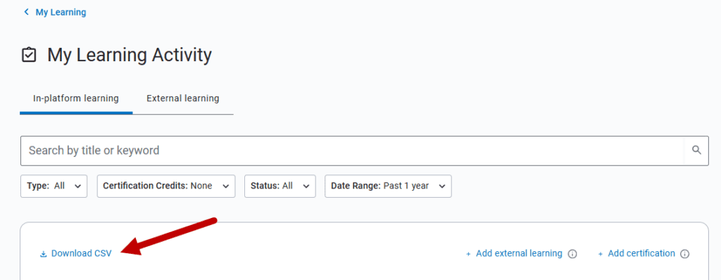 ULearnIT screenshot of My Learning Activity page with the link for download cmv