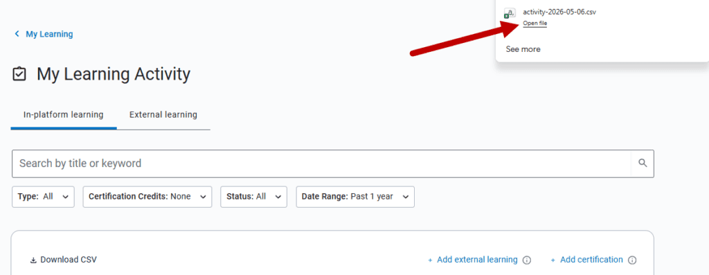 UlearnIT screenshot to download transcript by clicking open file at top right