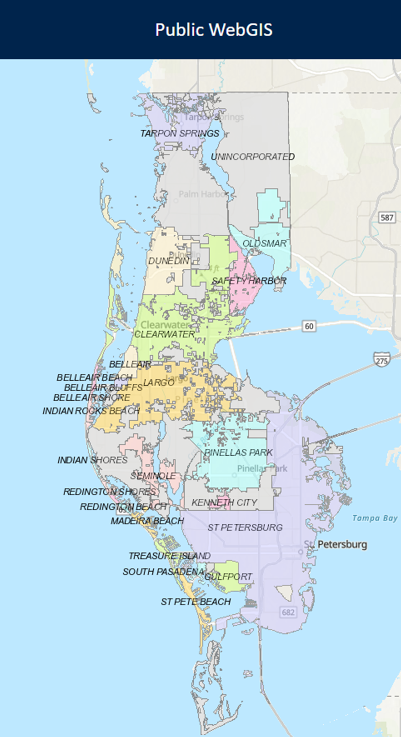 Screenshot of a map of Pinellas County with municipal and unincorporated boundaries from Public WebGIS.