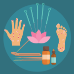 Acupuncture icons including thin needles, foot, hand, lotus blossom and aromotherapy bottles  