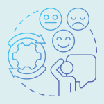 Dotted line circle surrounding faces with different expressions and waving figure with thought bubble