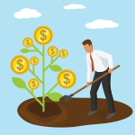 Man in a suit with a shovel digging next to a tree covered with money symbols