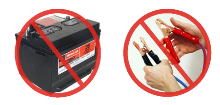 Two red prohibition symbols indicate not to use a vehicle/portable battery or jumper cables.