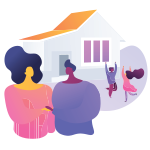 Two women talking in front of a house with 2 children playing in the frontyard