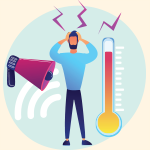 Man holding his head with a temperature gauge and bullhorn next to him