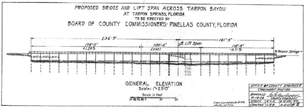 Excerpt from 1923 Engineering Plans, Proposed Bridge and Lift Span Across Tarpon Bayou at Tarpon Springs, Florida, to be erected by Board of County Commissioners – Pinellas County, Florida