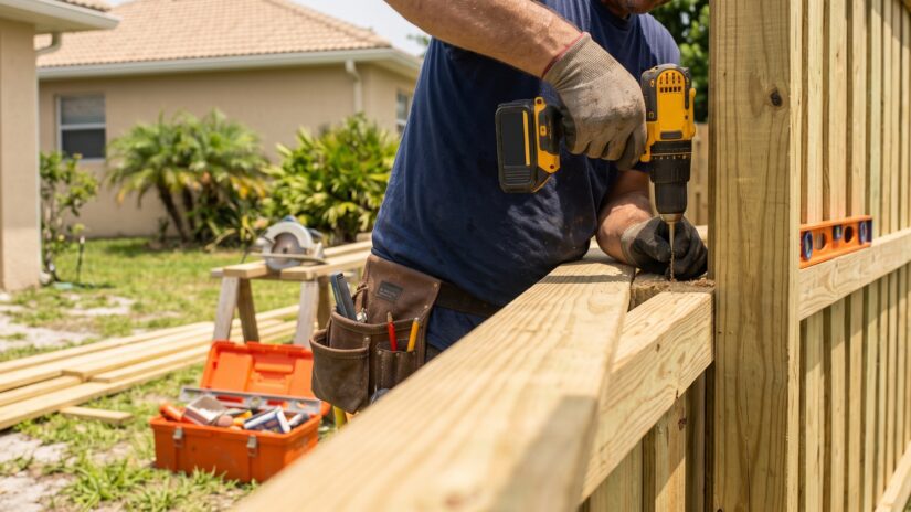 Close-up wide shot of a contractor using a cordless drill to assemble a wooden privacy fence in a sunny Pinellas County, Florida backyard.