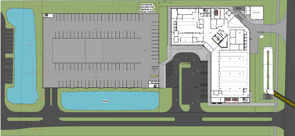 A drawing showing the site plan for the new North County Service Center. The building is L-shaped on the east side of the lot with a large parking garage on the west side.