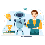 cartoon man standing with robot and stack of books with trophy on them and lit up lightbulb