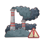 smoke stacks with smoke coming out of them and hazard exclamation point sign