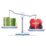 Balancing scale with stacks of cash on one side and a heart that says health with medicine bottles on the other side