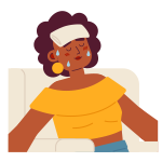 Cartoon woman sitting on chair with towel on her forehead as she sweats