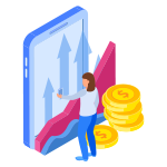Cartoon woman looking at large phone that shows arrows and graphs going up