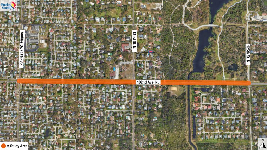 map of 102nd Avenue, from 125th Street N. to Antilles Drive in Largo