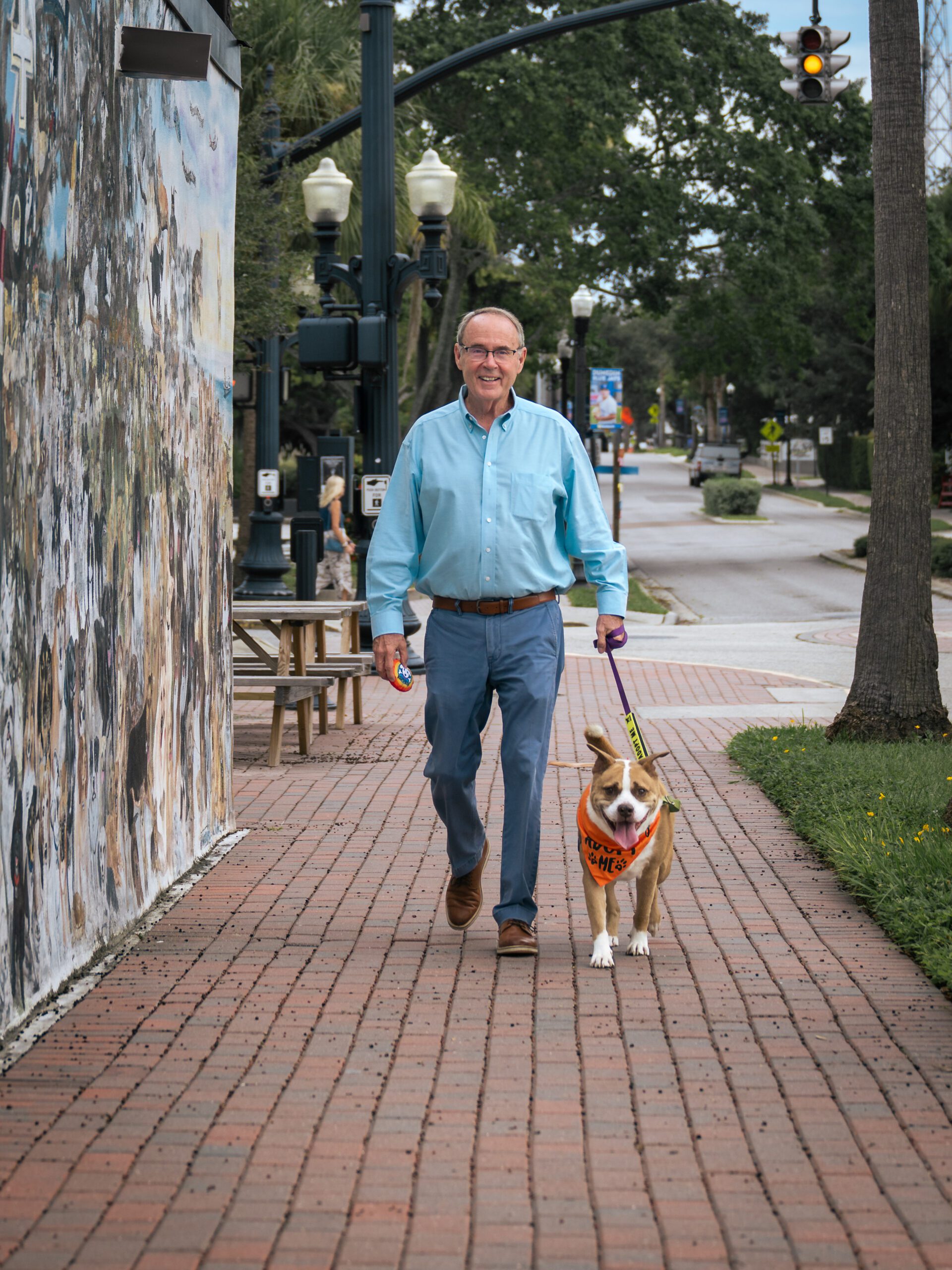 Commissioner Eggers walks a dog, Rollo, next to an outdoor wall mural of dogs in downtown Dunedin, FL.