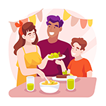woman, man, and child around a table with food and drinks on it with banners hung up on the wall behind them