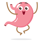 Cartoon stomach with arms, legs, and happy face jumping in the air